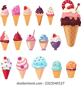 Tasty colorful ice cream set. Collection ice-cream cones and Popsicle with different topping isolated on white background. Vector illustration for web design or print.