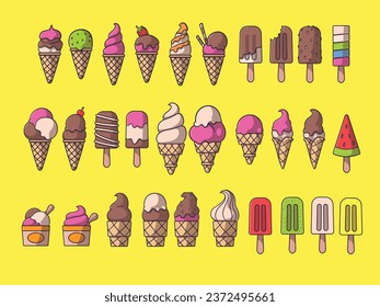 Tasty colorful ice cream set. Collection ice-cream cones and Popsicle with different topping isolated on white background. Vector illustration for web design or print
