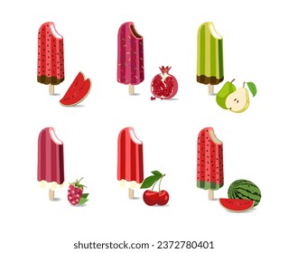 Tasty colorful ice cream set on white background. Vector illustration for web design or print. Fruity eskimo ice cream