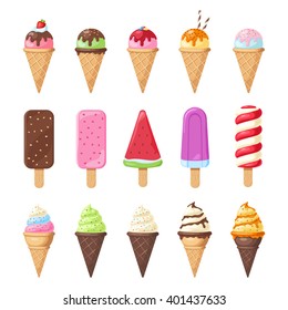 Tasty colorful ice cream set. Collection ice-cream cones and Popsicle with different topping isolated on white background. Vector illustration for web design or print