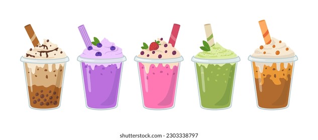 Tasty colorful ice cream vector illustration. Ice-cream with berry, chocolate, caramel, matcha isolated on white background