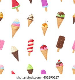 Tasty colorful icecream seamless pattern. Ice cream cones and Popsicle with different topping on white background. Vector illustration for web design or print