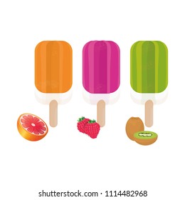 tasty colorful icecream set orange, kiwi, strawberries on white background