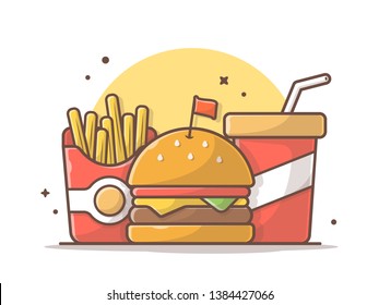 Tasty Combo Kid Meal Menu Cheese Burger with French Fries and Soda Vector Icon Illustration. Flat Cartoon Style Suitable for Web Landing Page,  Banner, Flyer, Sticker, Wallpaper, Card, Background