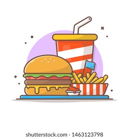 Tasty Combo Kid Meal Menu Cheese Burger with French Fries and Soda Vector Illustration. Flat Cartoon Style Suitable for Web Landing Page,  Banner, Flyer, Sticker, Wallpaper, Card, Background