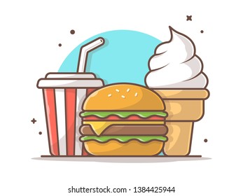 Tasty Combo Menu Cheese Burger with Soda and Ice Cream Vector Icon Illustration. Flat Cartoon Style Suitable for Web Landing Page,  Banner, Flyer, Sticker, Wallpaper, Card, Background