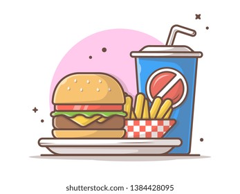 Tasty Combo Menu Cheese Burger on Plate with French Fries  and Soda Vector Icon Illustration. Flat Cartoon Style Suitable for Web Landing Page,  Banner, Flyer, Sticker, Wallpaper, Card, Background