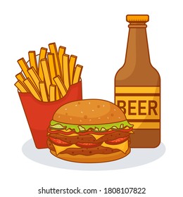 Tasty combo menu fast food. Cartoon double burger, french fries and barley beer in flat style. Sticker, wallpaper, icon, web design, card, poster. Vector illustration isolated on white background
