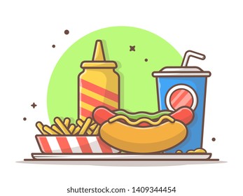 Tasty Combo Menu Hotdog with Mustard, French Fries and Soda Vector Icon Illustration Isolated. Flat Cartoon Style Suitable for Web Landing Page,  Banner, Flyer, Sticker, Wallpaper, Card, Background