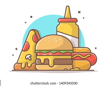 Tasty Combo Menu Hotdog with Mustard, Pizza and Hamburger Vector Icon Illustration Isolated. Flat Cartoon Style Suitable for Web Landing Page,  Banner, Flyer, Sticker, Wallpaper, Card, Background