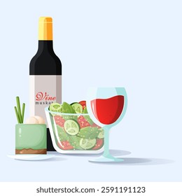 A tasty composition highlighting culinary delight: a glass of red wine, Vine muskat bottle, fresh vegetable salad, and a tempting treat. The light backdrop enhances the vibrant colors of the dishes