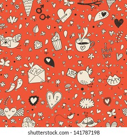 Tasty concept romantic wallpaper with birds, evelopes, cupcakes and coffee. Seamless pattern can be used for wallpapers, pattern fills, web page backgrounds,surface textures