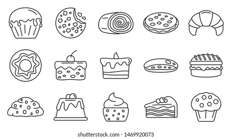 Los deliciosos iconos de la pastelería están establecidos. Conjunto de esquemas de sabrosos iconos vectoriales de confitería para el diseño web aislado en fondo blanco