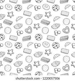 tasty coockies in seamless pattern with hand drawn style on white background