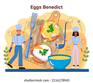 Tasty Cooked Eggs. Eggs Benedict With Vegetables And Salmon For Breakfast . Delicious Food In The Morning. Flat Vector Illustration