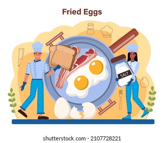 Tasty cooked eggs. Fried eggs with vegetables and bacon for breakfast. Delicious food in the morning. Flat vector illustration