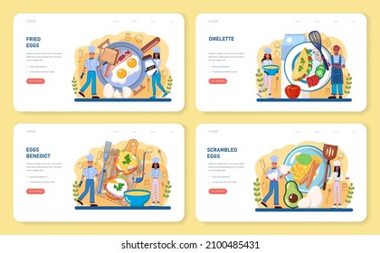 Tasty cooked eggs web banner or landing page set. Scrambled, fried, omelette and eggs benedict with vegetables and bacon for breakfast . Delicious food in the morning. Flat vector illustration