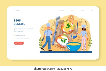 Tasty Cooked Eggs Web Banner Or Landing Page. Eggs Benedict With Vegetables And Salmon For Breakfast . Delicious Food In The Morning. Flat Vector Illustration