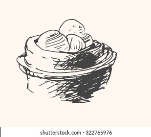 Tasty cookies or cake in container or package icon, in sketch hand drawn style, for  pastry bakery food business design. Vector