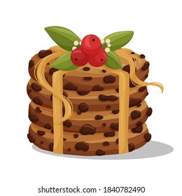 Tasty cookies with chocolate crisps decorated by winter plants and berries.  Design elements for print, card, poster, banner, fabric. Vector illustration.
