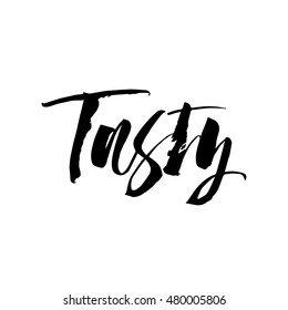 Tasty. The cooking lettering designs for print and web projects. Banners, stickers, packaging. Food shop background. Modern calligraphy and hand lettering.