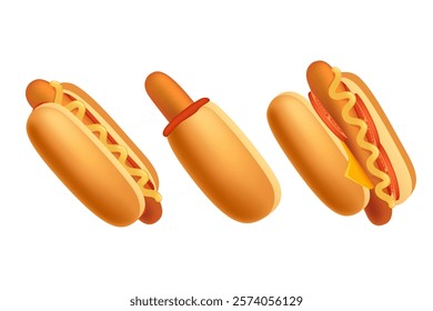 Tasty corn dogs, hot dogs. Great for fast food menus, snack promotions, for food packaging. Vector illustration isolated on white background