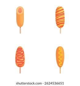 Tasty corndog icons set cartoon vector. Sausage in dough on stick. Korean street food
