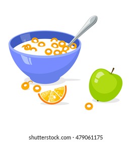 tasty cornflakes in blue bowl with spoon and green apple and orange. A healthy and wholesome breakfast. Vector illustration isolated on white background.