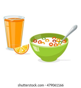 tasty cornflakes in green bowl with spoon and orange and orange juice. A healthy and wholesome breakfast. Vector illustration isolated on white background.