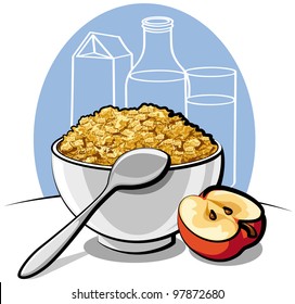 tasty cornflakes in white bowl and apple