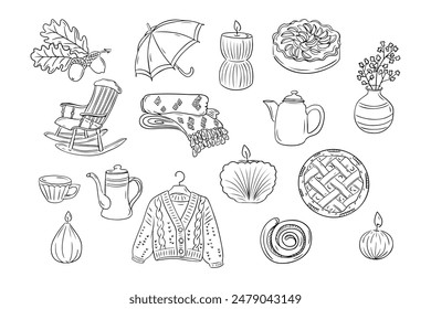 Tasty and cozy autumn items in outline doodle style. Monochrome hygge contour stickers. Vector clipart of sketchy drawings isolated on white background. Could be used for coloring pages