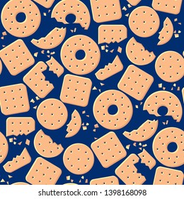 Tasty crackers, cookies vector seamless pattern. Crunchy biscuits and crumbs decorative cartoon texture. Breakfast appetizers hand drawn backdrop. Wrapping paper, wallpaper, textile flat design
