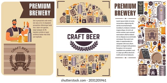 Cerveza artesanal de cervecería de primera calidad, bebida alcohólica de barman de barril. Equipo e ingredientes en los volantes. Cartel promocional o banner con texto de muestra. Vector de estilo plano