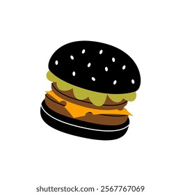 Tasty craft burger with black bun. Traditional American fast food. Vector illustration.