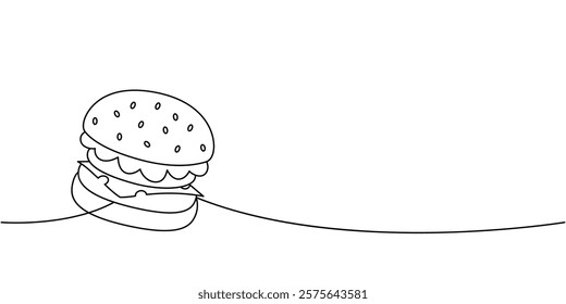 Tasty craft burger with bun one line continuous drawing. Traditional American fast food. Vector illustration.