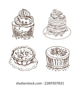 Tasty Creamy Sweet Desserts set  isolated on white background. Vintage Vector Monochrome Illustration. Hand drawn sketch of Delicious Cupcake with cream top, pancakes with berries and syrup, tartlet. 