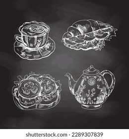 Tasty Creamy Sweet Desserts set isolated on chalkboard background. Vintage Vector Monochrome Illustration. Hand drawn sketch of cup of tea with lemon, porcelain teapot, bruschetta with tomatoes, crois