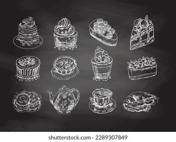 Tasty Creamy Sweet Desserts set  isolated on chalkboard  background. Vintage Vector Monochrome Illustration. Hand drawn sketch of Delicious Cupcakes and cakes With cream and berry tops, pancakes with 