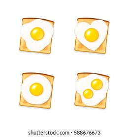 Tasty crisp hot toasts with fried eggs in different shapes vector icon set