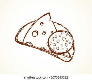 Tasty crisp wheat grain loaf bun cut chunk and cut porous swiss dairy cheddar piece on white backdrop. Line ink hand drawn bake cuisine menu icon sign sketch in retro doodle cartoon graphic style