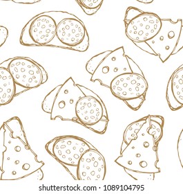 Tasty crisp wheat grain loaf bun cut chunk and cut porous swiss dairy cheddar piece on white backdrop. Line black ink hand drawn bake cuisine menu icon sketch in retro doodle cartoon graphic style