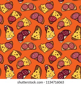 Tasty crisp wheat grain loaf bun cut chunk and cut porous swiss dairy cheddar piece on orange backdrop. Bright color hand drawn bake cuisine menu icon sign sketch in retro doodle cartoon graphic style
