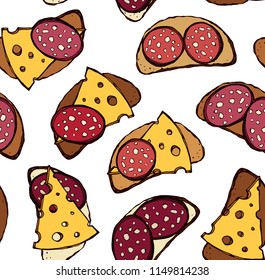 Tasty crisp wheat grain loaf bun cut chunk and cut porous swiss dairy cheddar piece on yellow backdrop. Bright color hand drawn bake cuisine menu icon sign sketch in retro doodle cartoon graphic style