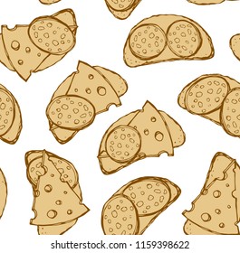 Tasty crisp wheat grain loaf bun chunk and cut porous swiss dairy cheddar piece on white backdrop. Line black ink hand drawn bake cuisine menu icon sign sketch in retro doodle cartoon graphic style