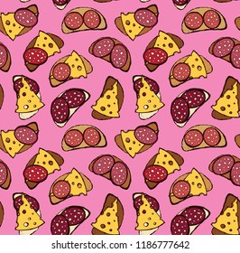 Tasty crisp wheat grain loaf bun cut chunk and cut porous swiss dairy cheddar piece on pink backdrop. Bright color hand drawn bake cuisine menu icon sign sketch in retro doodle cartoon graphic style