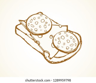 Tasty crisp wheat grain loaf bun cut chunk and cut porous swiss dairy cheddar piece on white backdrop. Line ink hand drawn bake cuisine menu icon sign sketch in retro doodle cartoon graphic style