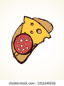 Tasty crisp wheat grain loaf bun cut chunk and cut porous swiss dairy cheddar piece on yellow backdrop. Bright color hand drawn bake cuisine menu icon sign sketch in retro cartoon graphic style