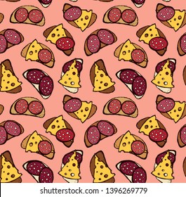Tasty crisp wheat grain loaf bun cut chunk and cut porous swiss dairy cheddar piece on pink backdrop. Bright color hand drawn bake cuisine menu icon sign sketch in retro doodle cartoon graphic style