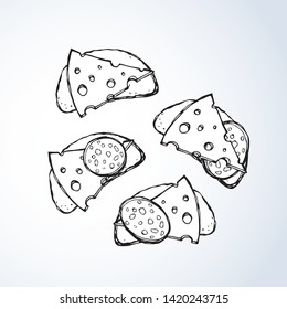 Tasty crisp wheat grain loaf bun cut chunk and cut porous swiss dairy cheddar piece on white backdrop. Line black ink hand drawn bake cuisine menu icon sign sketch retro doodle cartoon graphic style