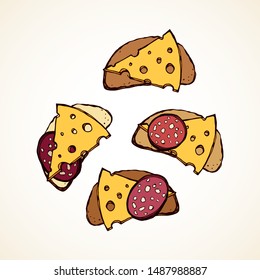 Tasty crisp wheat grain loaf bun cut chunk and cut porous swiss dairy cheddar piece on yellow backdrop. Bright color hand drawn bake cuisine menu icon sign sketch in retro doodle cartoon graphic style